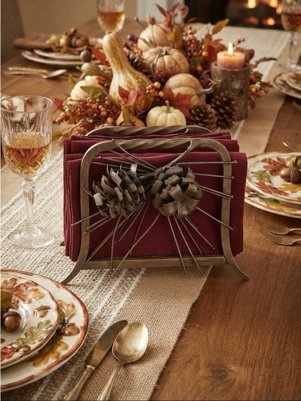 Vintage Hand-Forged Iron Pinecone Napkin Holder, Rustic Cabin, Fall copper tone